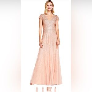 Adrianna Papell Long V-Neck Dress. Size 4. Blush color with silver beading.